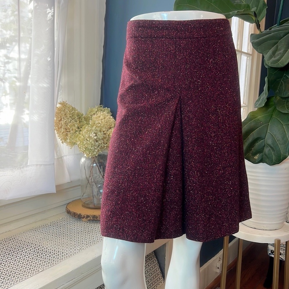 Hobbs London burgundy wool and silk blend tweed midi skirt, size 12